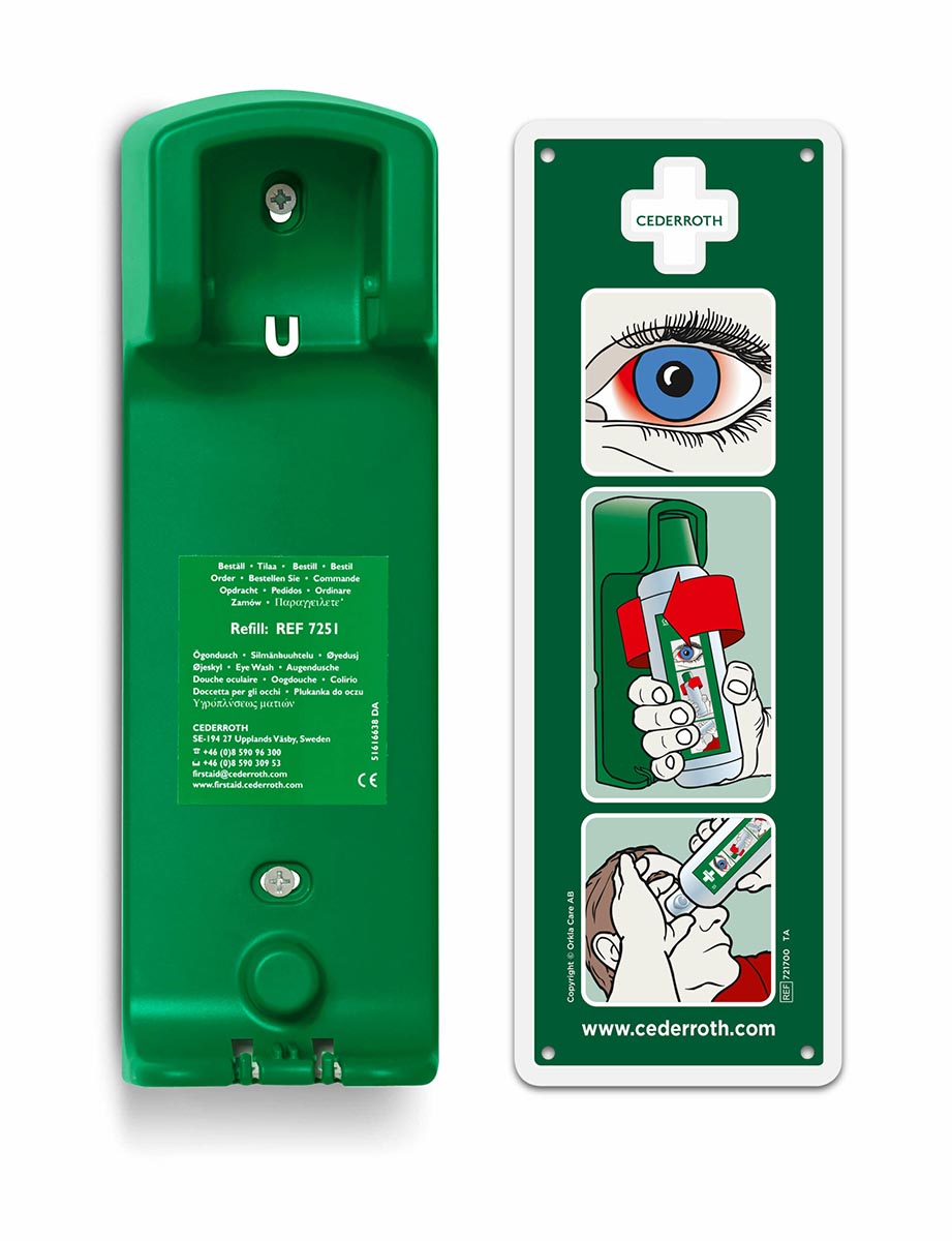 04135012 Cederroth Eye Wash Bottle A compact dust and water protected Eye Wash Cabinet. Includes two bottles of Cederroth Eye Wash. Easy to fit even in small spaces. Transparent lid for high visibility.
Bottles will open automatically when twisted out of the brackets to enable immediate rinsing.