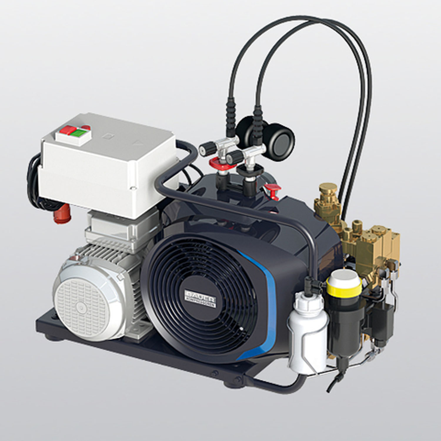 BK0J3EH00/S Bauer Junior II - E Compressor Ruggedness, reliability, a wide range of applications and its compact flexibility have made the JUNIOR a worldwide classic. Thanks to its small dimensions an sophisticated technology, the smallest of Bauer's  portable breathing air compressors is ideal for sports divers, marine use and use of respiratory protection applications. For all those who do not want to do without pure and safe breathing air in mobile applications. This lightweight and compact unit can be transported by one person.