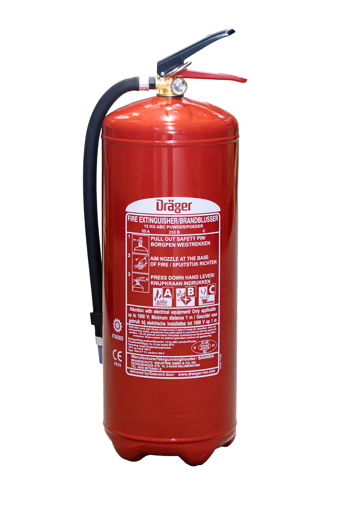 SG00105 Dräger Poeder Brandblustoestel 12 kg ABC (constante druk) Het Dräger poeder brandblustoestel is een brandblustoestel die voor vele toepassingen ingezet kan worden. Het poederblustoestel is met name geschikt voor brandbare vloeistoffen en brandbare gassen zoals methaan, propaan, waterstof, aardgas en vele anderen. Deze brandblustoestellen zijn aanbevolen omdat ze type A, type B en type C branden kunnen bestrijden.