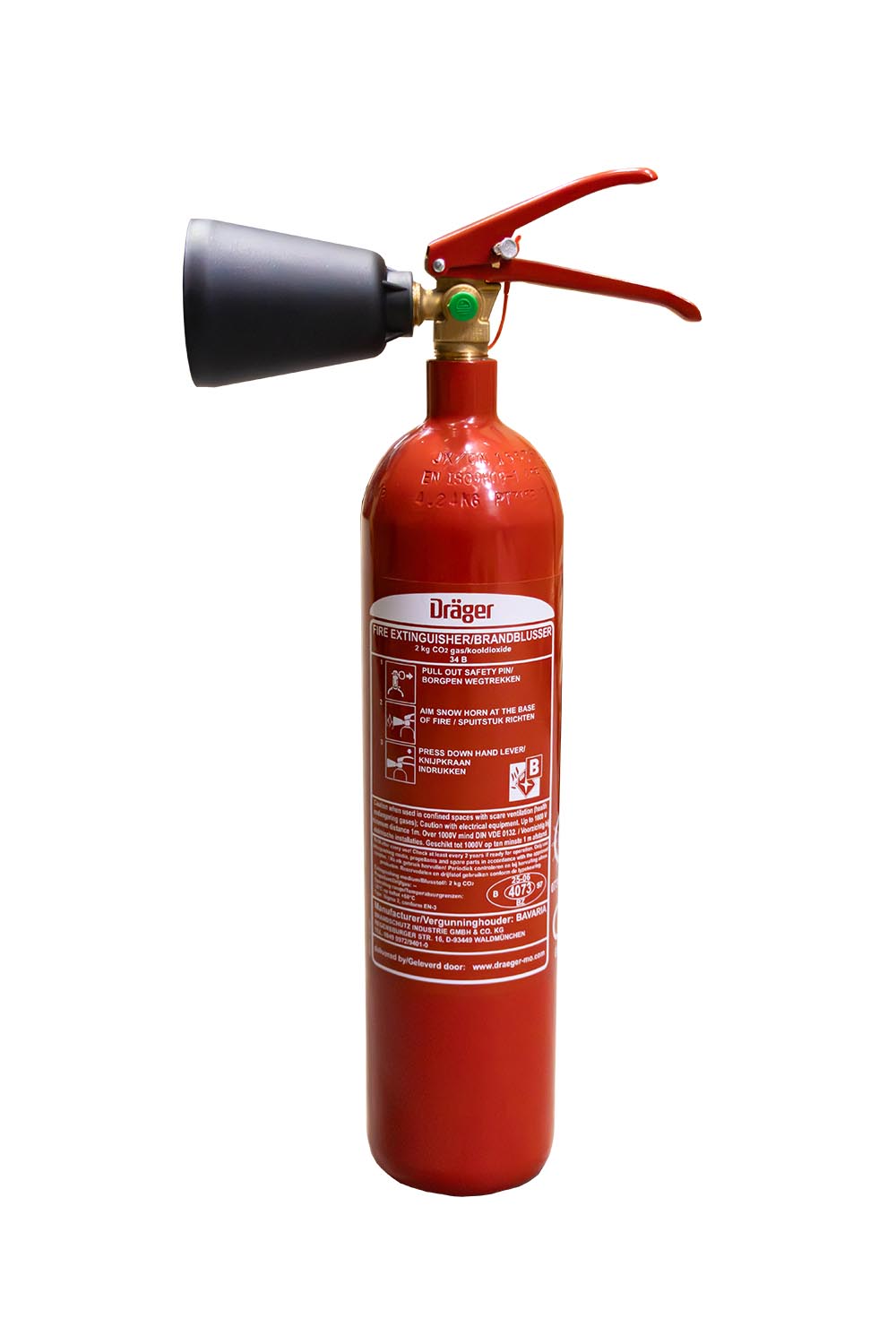 SG00141 Dräger CO2 Brandblustoestel 2 kg B Het Dräger CO2 brandblustoestel is geschikt om brandbare vloeistoffen en elektrische branden te blussen.