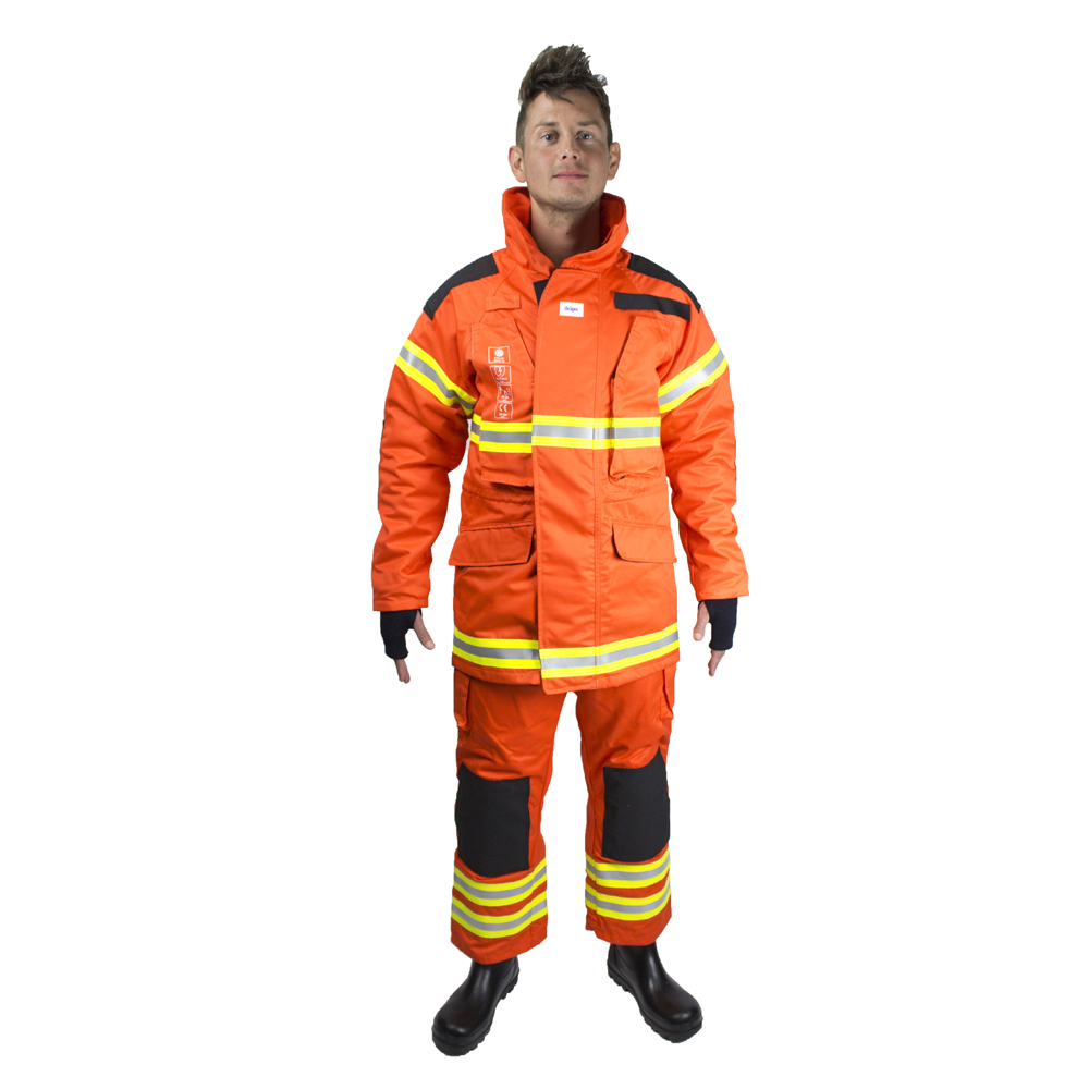 SG03703 Dräger Aramid Fireman's Suit Dräger would like to present its new line of firefighting clothes designed to the highest standards with one thing in mind: the firefighter. The new suit is the result of a close study of technical key features and usability of suits that are currently available in the market: the suit has been improved on eight key features as compared to the most readily available suits. Providing a safe barrier "between human will and fire's forces".