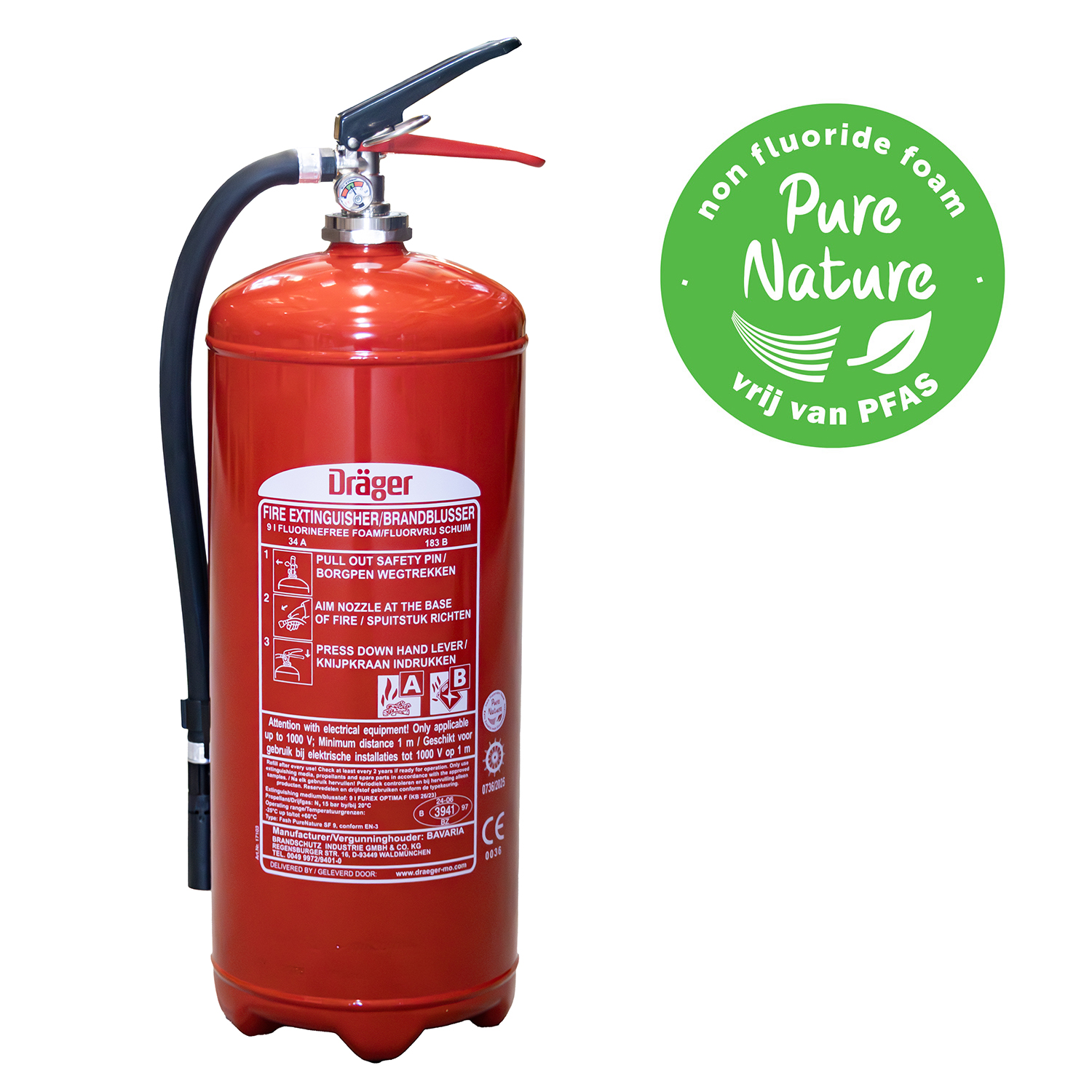SG00108 Dräger Foam Extinguisher PFAS free 9 liter AB (stored pressure) The foam extinguisher is a (PFAS) fluorine-free foam extinguisher and is a multipurpose fire extinguisher for liquid and solid fires.