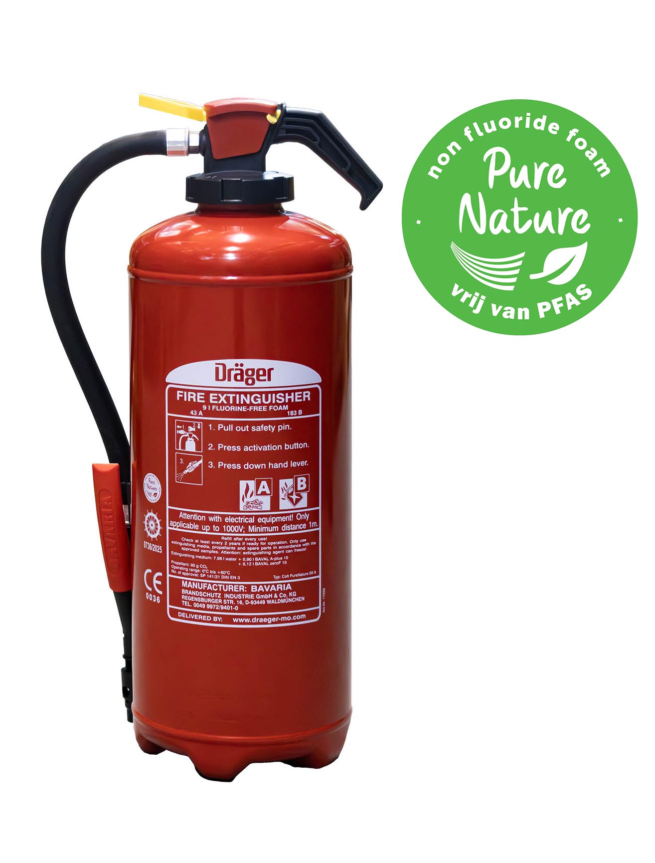 SG00158 Dräger Schuim Brandblustoestel fluorvrij 9 liter AB (inslag) Het schuimblustoestel is een (PFAS) fluorvrije schuimblusser en is een multifunctioneel inzetbaar bij branden van vloeistoffen en vaste stoffen.